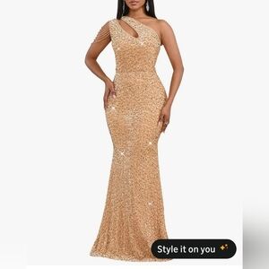 One Soulder Champagne Sequinned Gown